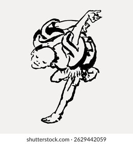 Ink drawing of a dynamic dancer in a flowing outfit, captured mid-movement. The art emphasizes fluidity and grace, showcasing expressive dance and artistic motion. Vintage character vector.