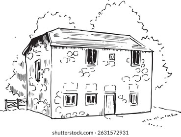  Ink Drawing of an English Stone Cottage – Hand-Drawn Vector Illustration. Vintage style, isolated on white. Black and white drawing, British culture theme. Old village house sketch. 