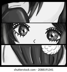 Ink drawing eyes manga illustration anime print design. Manga style. Japanese cartoon Comic concept. Anime characters.