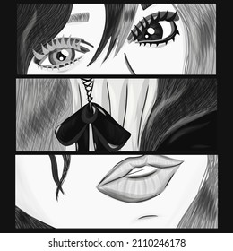 Ink drawing eyes manga illustration anime print design. Manga style. Japanese cartoon Comic concept. Anime characters.