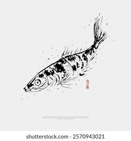 ink drawing fish illustrations in Japanese style. Doodle hand-drawn minimalist design with simple line art in EPS format. Perfect for decor,branding, creative projects with elegant stock Design.