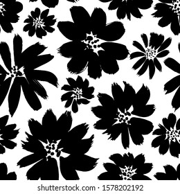 Ink drawing flowers hand drawn seamless pattern. Black and white ink brush vector texture. Grunge dry brushstroke drawing. Chamomile, daisy, chrysanthemums blooming. Floral wrapping paper