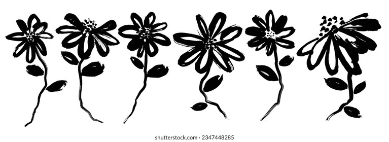 Ink drawing flowers and plants in brush texture. hand drawn flower paint vector set.