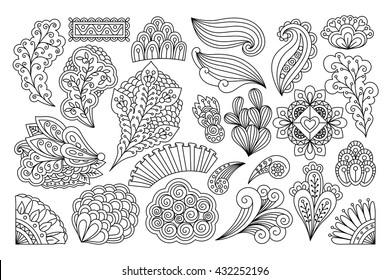 Ink drawing flowers. Vector set of doodle flowers