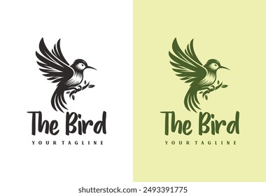 ink drawing of a flying bird perched on a tree branch. Vector illustration.	
