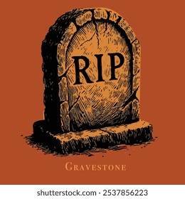 Ink drawing of a Halloween gravestone with vintage details, perfect for decor, horror themes, invitations, cards, and tattoos. A classic, atmospheric Halloween art piece for spooky projects.