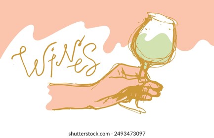 Ink drawing of a hand with glass of red wine. Vector line art illustration. A vector linear illustration of a graceful hand holding a glass of red wine for wine tasting banner, winery tourism flyer.