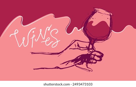 Ink drawing of a hand with glass of red wine. Vector line art illustration. A vector linear illustration of a graceful hand holding a glass of red wine for wine tasting banner, winery tourism flyer.