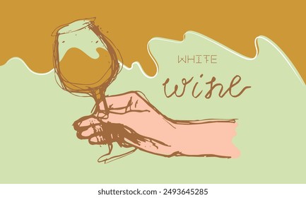 Ink drawing of a hand with glass of red wine. Vector line art illustration. A vector linear illustration of a graceful hand holding a glass of red wine for wine tasting banner, winery tourism flyer.