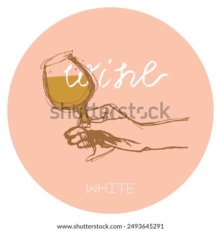 Ink drawing of a hand with glass of red wine. Vector line art illustration. A vector linear illustration of a graceful hand holding a glass of red wine for wine tasting banner, winery tourism flyer.