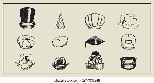 Ink Drawing Hat Decorative Element, Ornament, wedding, birthday, greeting, Thank you Card,  invitation, fashion, Beauty, Events, Tattoo use.