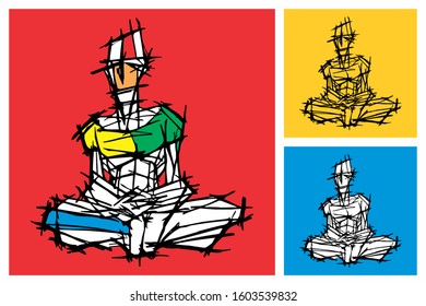 Ink Drawing (Hatch Work) of Meditation Pose (Yoga, Thinking) Person in a Textured Unique Style. Artistic Cross Lines Manual Illustration turned to Vector. 