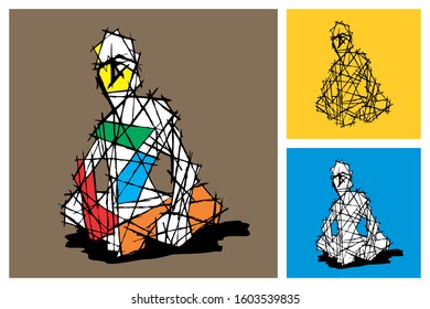 Ink Drawing (Hatch Work) of Meditation Pose (Yoga, Thinking) Person in a Textured Unique Style. Artistic Cross Lines Manual Illustration turned to Vector. 