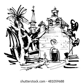 ink drawing of historic church in with palm in Budva Montenegro, old town travel vector illustration