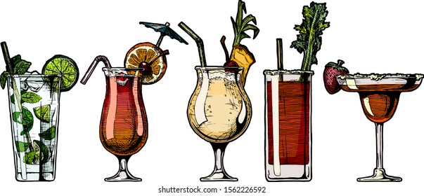 ink drawing illustration set of alcohol cocktails. Sex on the beach, bloody mary, mojito, pina colada and strawberry margarita.