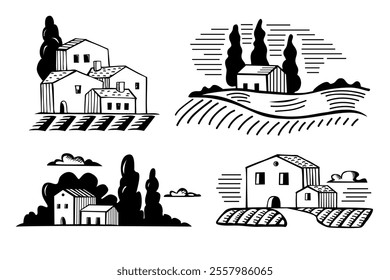 ink drawing image with  european village