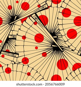 Ink drawing oriental fan pattern in vector. Black inking with beige and red circle outline for japan design. Hand drawn seamless accessory. Eastward, orient, eastern wallpaper, wrapping paper.