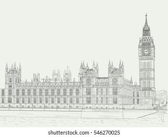 Ink drawing of the Palace of Westminster and Big Ben tower.