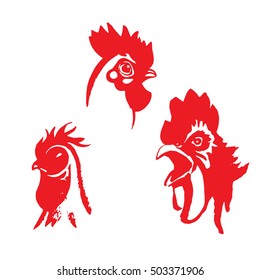 ink drawing of a red roosters head
