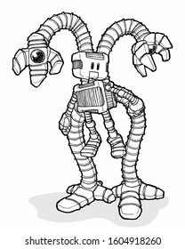 Ink Drawing of Robot with long extra arms. Artistic Cartoon Style Manual Illustration turned to Vector. Technology, Robotics, Artificial Intelligence.