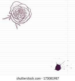 Ink drawing rose at lined paper, vector illustration
