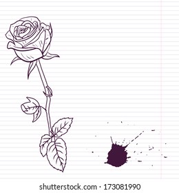 Ink drawing rose at lined paper, vector illustration