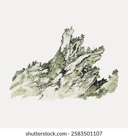 Ink drawing of rugged mountains with trees. Mountains in traditional style, trees dotting the landscape. Rugged, natural, serene mountainscape with trees. Vintage Japanese illustration vector.