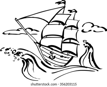 Ink Drawing Of A Sailing Ship, Vector Illustration, EPS 8, Black Outline, No White Objects