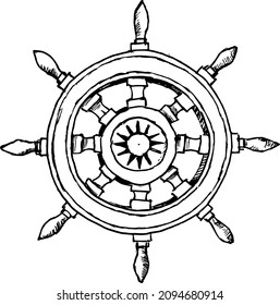 Ink drawing of ship rudder, vector illustration like logo or icon design concept. 