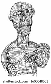 Ink Drawing (Sketch, Hatch Work) of an Expressive Face (Old Man) in a Textured Unique Style. Artistic Manual Illustration turned to Vector. 