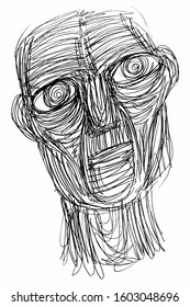 Ink Drawing (Sketch, Hatch Work) of an Expressive Face (Old Man) in a Textured Unique Style. Artistic Manual Illustration turned to Vector. 