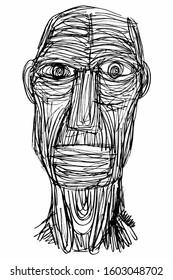 Ink Drawing (Sketch, Hatch Work) of an Expressive Face (Old Man) in a Textured Unique Style. Artistic Manual Illustration turned to Vector. 