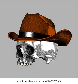 Ink Drawing Skull Cowboy, Bone Head Wearing Cowboy Hat, Skull Head Drawing Realist