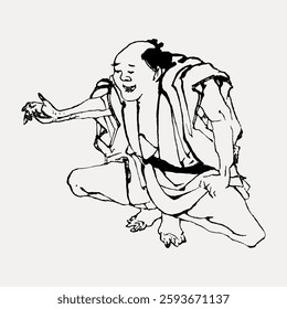 Ink drawing of a smiling man in traditional Japanese attire, crouching with an outstretched hand. Black and white illustration, traditional Japanese art style. Vintage Japanese illustration vector.