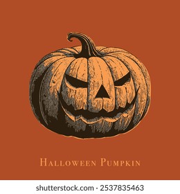 Ink drawing of a spooky Halloween carved pumpkin with eerie details, ideal for decoration, holiday themes, invitations, greeting cards, tattoos, and Halloween art use.