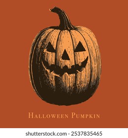 Ink drawing of a spooky Halloween carved pumpkin with eerie details, ideal for decoration, holiday themes, invitations, greeting cards, tattoos, and Halloween art use.