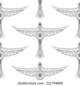 ink drawing of tribal ornamental bird, ethnic pattern, black and white vector illustration.Seamless background