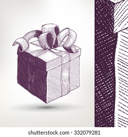 Ink drawing vector Gift Box with ribbon illustration with style preview. Retro style linear sketch vector. Vintage gift symbol. 