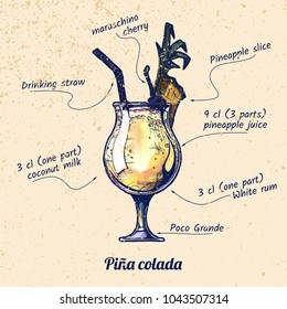 ink drawing and watercolor vector illustration of cocktail pina colada and its ingredients. On old paper background.