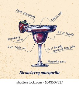 ink drawing and watercolor vector illustration of cocktail Strawberry margarita and its ingredients. On old paper background.