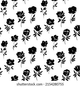 Ink drawing wild plants, herbs and flowers. Seamless pattern with monochrome artistic botanical elements. Floral motif background. Roses, peonies and chrysanthemums vector black silhouettes.