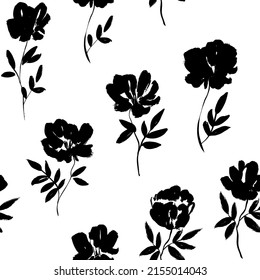 Ink drawing wild plants, herbs and flowers. Seamless pattern with monochrome artistic botanical elements. Floral motif background. Roses, peonies and chrysanthemums vector black silhouettes.