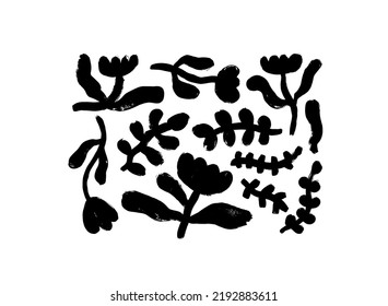 Tinta que dibuja plantas silvestres, hierbas o flores. Dibujos infantiles de línea negrita aislados en fondo blanco. Arte naïf, estilo infantil o infantil, boceto bruto. Ilustración botánica monocroma