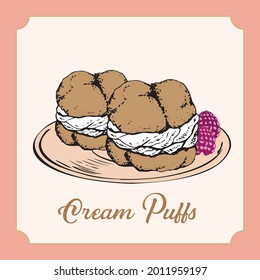 Ink Drawings of Cream Puffs on plate elements for decoration, holiday, celebration, wedding, birthday, greeting, Thank you, Menu, invitation, fashion, Beauty, Tattoo, use. 