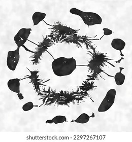 Ink Drawn Abstract Design Element on Watercolor Textured Background