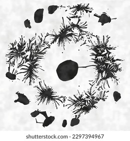 Ink Drawn Abstract Design Element on Watercolor-Dyed Textured Background