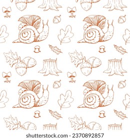 Ink drawn autumn set. Autumn. A pen. Silhouette. Squirrel. Hedgehog. Forest.  Autumn doodle. Rain. Weather. Elements for decor. Coffee.Drawn vector seamless pattern. Fabric autumn print. 