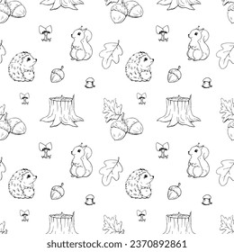 Ink drawn autumn set. Autumn. A pen. Silhouette. Squirrel. Hedgehog. Forest.  Autumn doodle. Rain. Weather. Elements for decor. Coffee.Drawn vector seamless pattern. Fabric autumn print. 