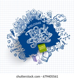 Ink drawn Back to school ink splash background with doodles. Lettering back to school for banners, posters, flyers. Creative sketch design for back to school advertising