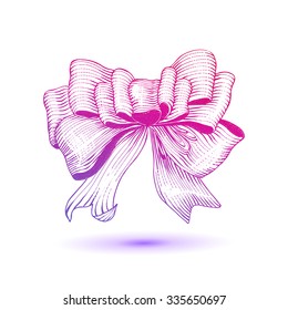 Ink drawn bright colored bow for gift design. Vector vintage hand made decorative element.